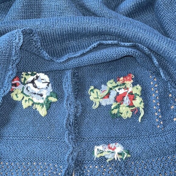 Capacity Woman Blue Embroidery Floral Rose Button Petite Medium Cardigan Sweater - Picture 15 of 15